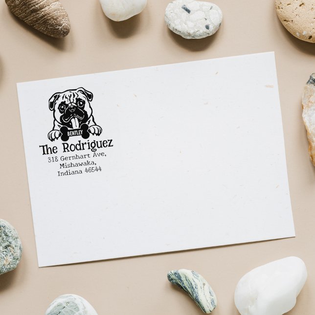Carimbo De Borracha Pug Dog, Endereço De Retorno Personalizado, (Criador carregado)