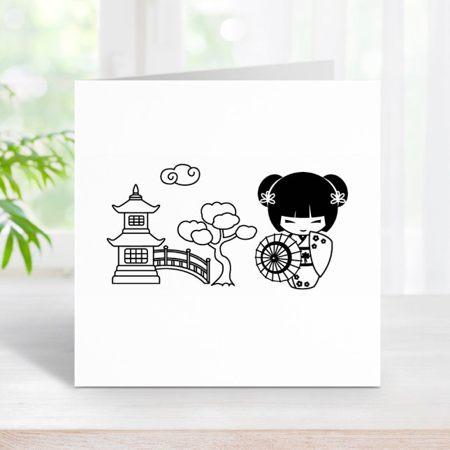 Carimbo De Borracha Rapariga de Guarda-chuvas Asiática em Kimono Scrap (Criador carregado)