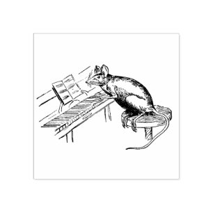 Carimbo De Borracha Rato Engraçado em Stool Tocando Piano
