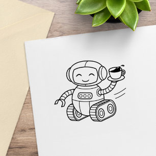 Carimbo De Borracha Robô Bonito Segurando Café
