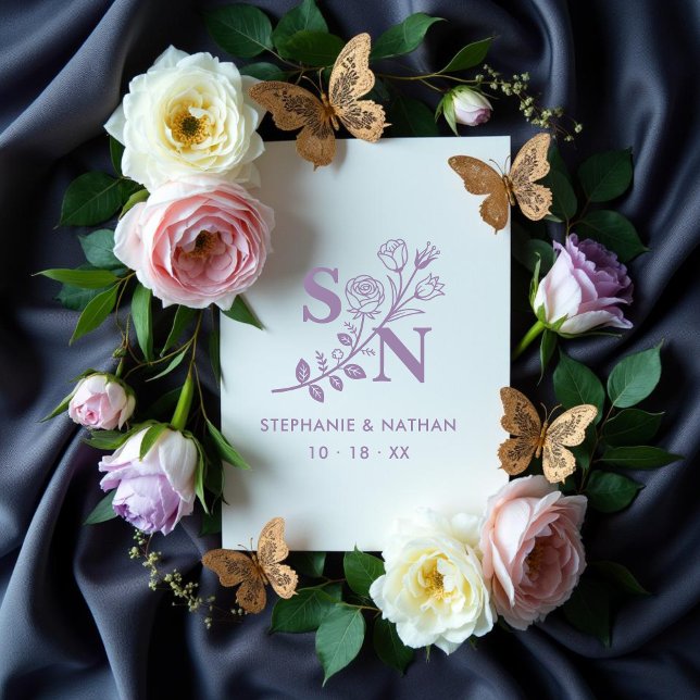 Carimbo De Borracha Romantic Initials Wildflowers Branches Wedding  (Romantic Delicate Classic Initials Flowers Branches Wedding for Rubber Stamps. )