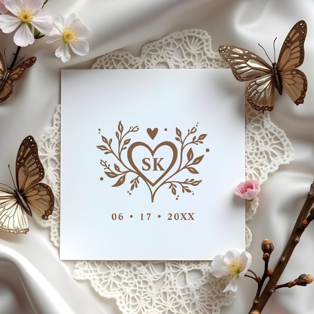 Carimbo De Borracha Romantic Minimalist Heart Swirls Monogram Initials (Romantic Minimalist Wedding Design with Heart, Swirls, Monogram and Initials Rubber Stamps)