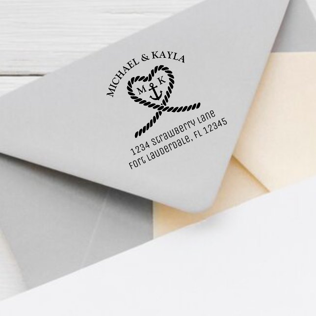 Carimbo De Borracha Rope Heart Anchor Monograma Endereço de Devolução  (Rope Heart Anchor Monogram Wedding Return Address Rubber Stamp)