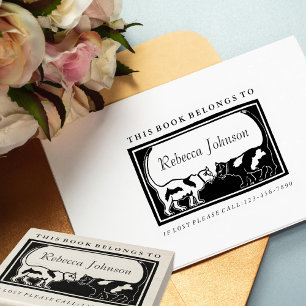 Carimbo De Borracha Rótulo de Livro de Gatos Art Nouveau