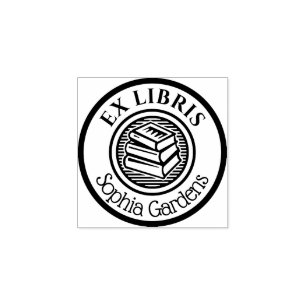 Carimbo De Borracha Round Ex Libris Stacking Books Motif