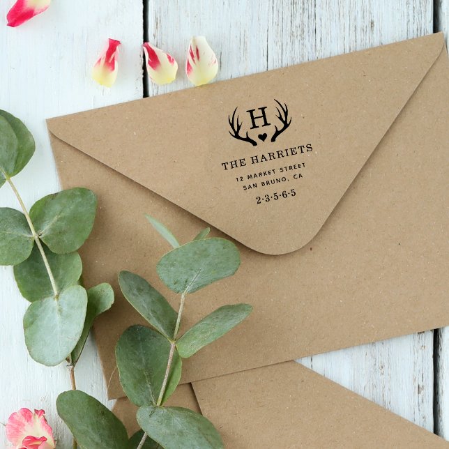 Carimbo De Borracha Rustic Antlers Monograma Family Name Endereço de d (Criador carregado)