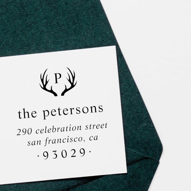 Carimbo De Borracha Rustic Antlers Monograma Family Name Endereço de d (Criador carregado)