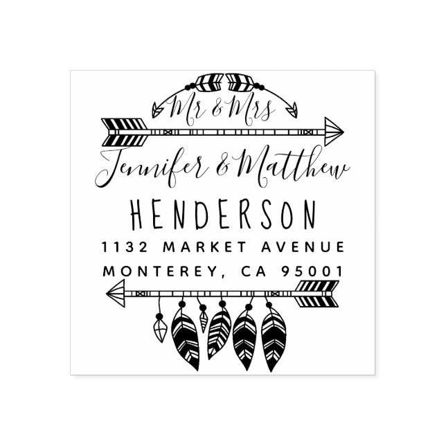 Carimbo De Borracha Rustic Boho Feather and Arrows Endereço (Impressão)