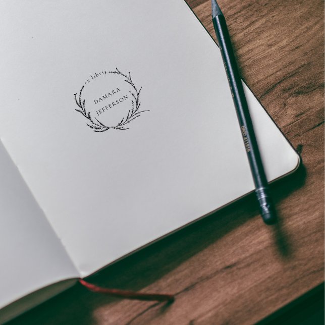 Carimbo De Borracha Rustic Botanical Wreath Custom Name Ex Libris Book (Criador carregado)