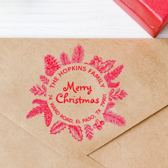 Carimbo De Borracha Rustic Christmas Wreath Family Name Endereço de de (Criador carregado)