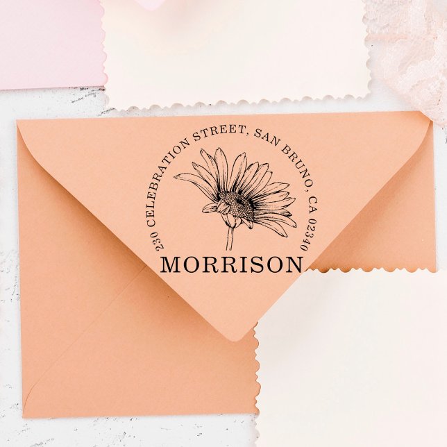 Carimbo De Borracha Rustic Daisy Flower Name & Round Return Address (Criador carregado)