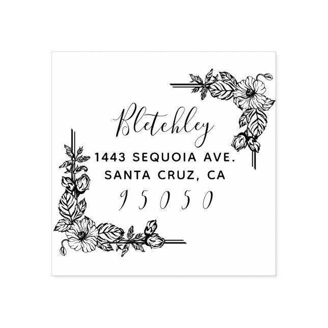 Carimbo De Borracha Rustic Flowers & Elegant Script Return Address (Impressão)
