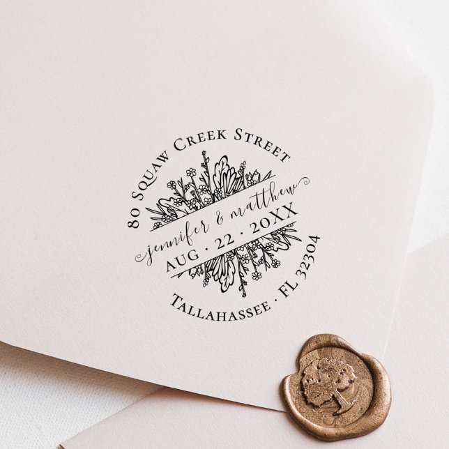 Carimbo De Borracha Rustic Flowers Salve a Data Endereço Casamento (Rustic Flowers Save the Date Address Wedding Rubber Stamp)