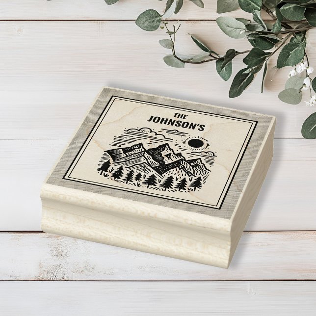 Carimbo De Borracha Rustic Modern Mountains Custom (Modern Rustic Mountains Custom Family Name Rubber Stamp)
