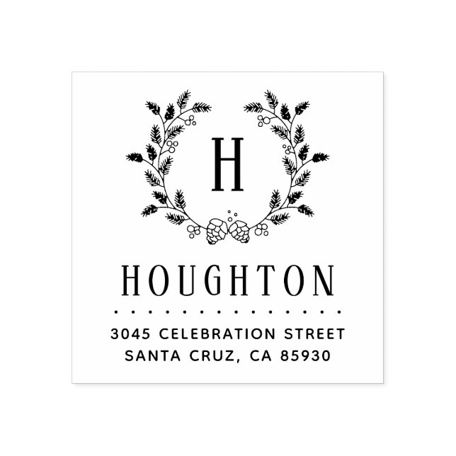 Carimbo De Borracha Rustic Pine Cone Wreath Monograma Endereço de devo (Impressão)