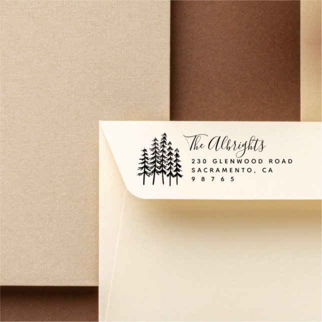 Carimbo De Borracha Rustic Pine Trees & Family Signature Address (Criador carregado)
