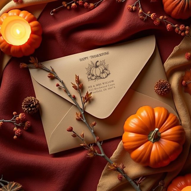 Carimbo De Borracha Rustic Pumpkin Harvest Arrangement Fall (Rustic Pumpkin Harvest Arrangement Fall Return Address Rubber Stamps Thanksgiving Design.)