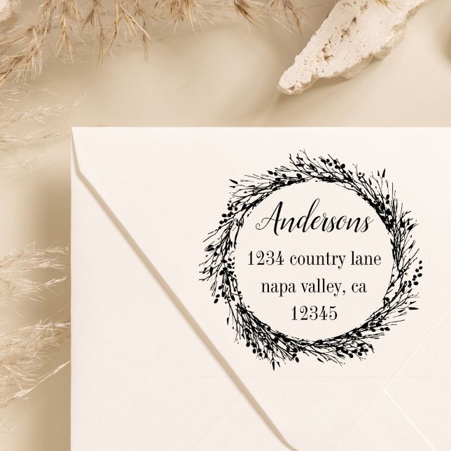 Carimbo De Borracha Rustic Wreath | Nome da família Endereço de devolu (Criador carregado)