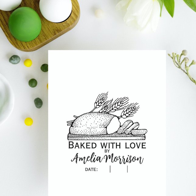 Carimbo De Borracha Rústico Pão/Pão com Amor/Nome/Data (Rustic Bread Loaf/Baked with Love/Name/Date Rubber Stamp)