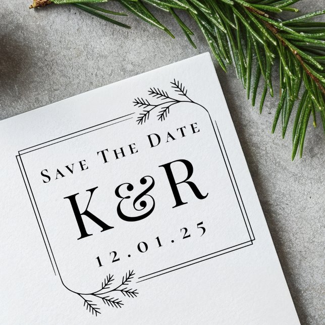 Carimbo De Borracha Save the Date Fir Frame Winter Wedding Monogram (Criador carregado)