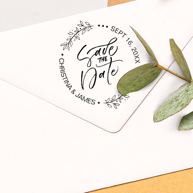 Carimbo De Borracha Script De Pincel De Folhagem Salvar A Data (Foliage Brush Script Save The Date Rubber Stamp)