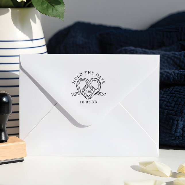 Carimbo De Borracha Segure A Data Coração Monograma Casamento Náutico (Hold The Date Heart Rope Monogram Nautical Wedding Rubber Stamp)