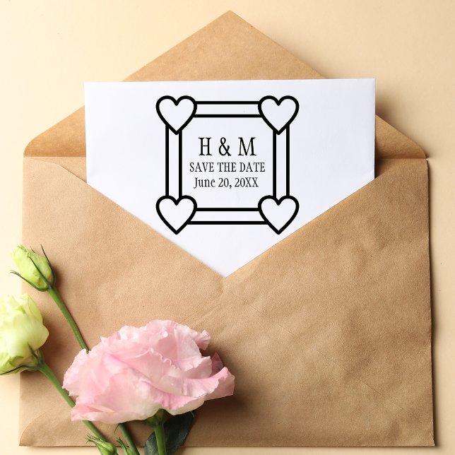 Carimbo De Borracha Simple Heart Border Save the Date Wedding (heart square border)