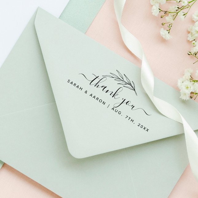 Carimbo De Borracha Simples Folhas Botânicas Script Obrigado Casamento (Criador carregado)