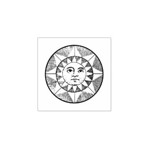 Carimbo De Borracha Sol Vintage com Ilustração de Rosto em Madeira