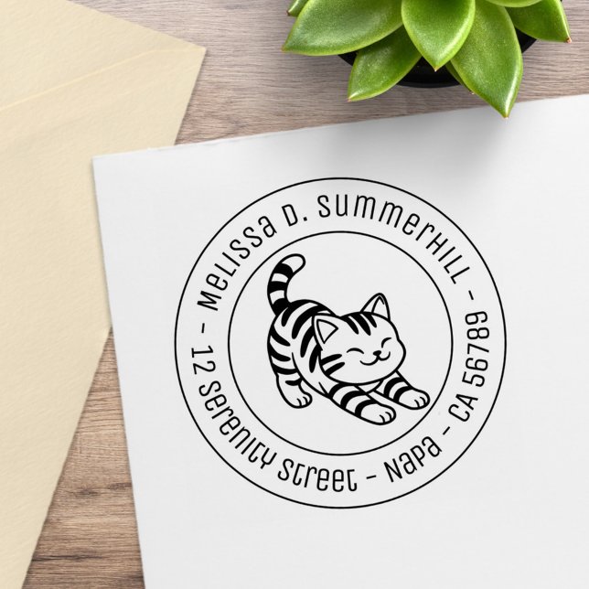 Carimbo De Borracha Stretching Tabby Cat Round Address (Criador carregado)