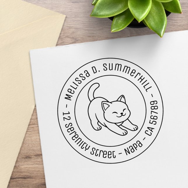 Carimbo De Borracha Stretching White Cat Round Address (Criador carregado)