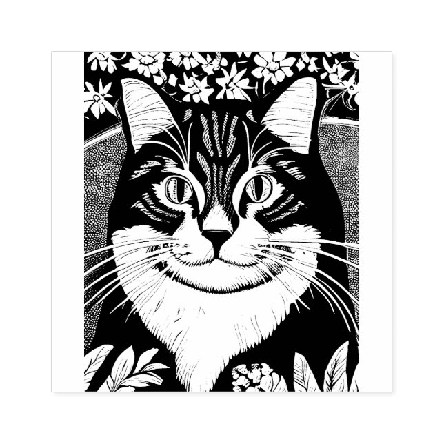 Carimbo De Borracha Tabby Cat Surarcado com Flores (Impressão)