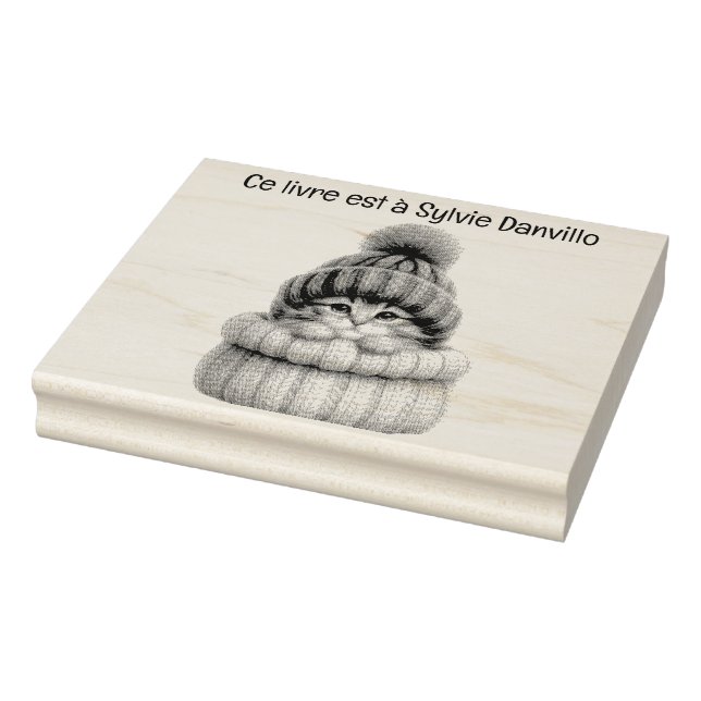 Carimbo De Borracha Tampon encreur en bois chat avec chapeau de laine. (Carimbo)