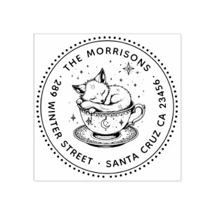 Carimbo De Borracha Tiny Baby Fox Asleep in Tea Cup Return Address