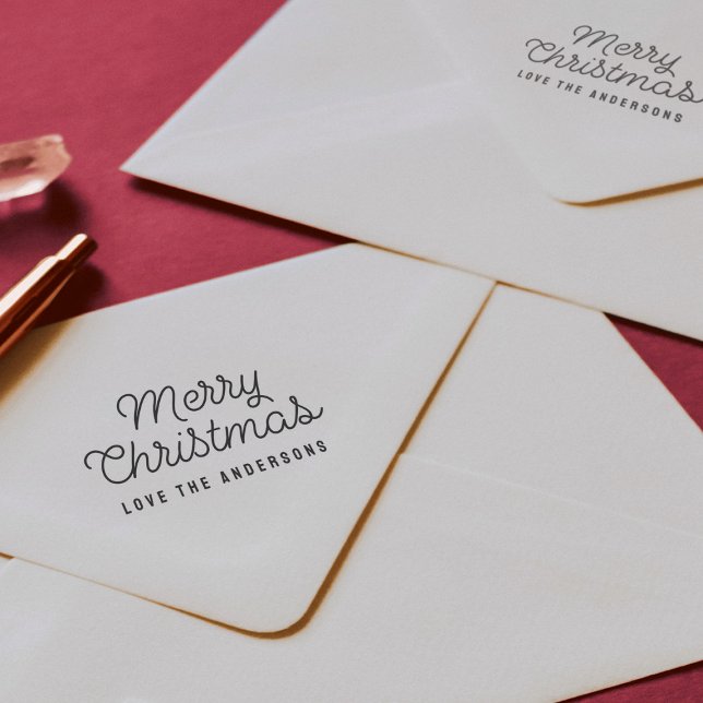 Carimbo De Borracha Tipografia de Letras de Natal Feliz (Merry Christmas script retro type with family name rubber address stamp)