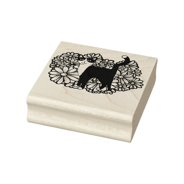 Carimbo De Borracha Tuxedo Cat Daisies Roxo (Carimbo)