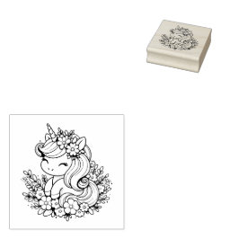 Carimbo De Borracha Unicórnio e Flores, cor-de-rosa e azul
