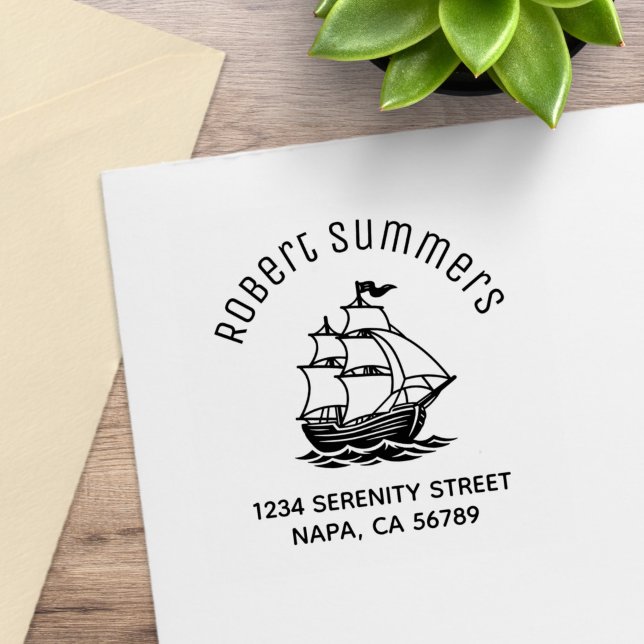 Carimbo De Borracha Wooden Sailing Ship Galleon Sea Arch Address (Criador carregado)