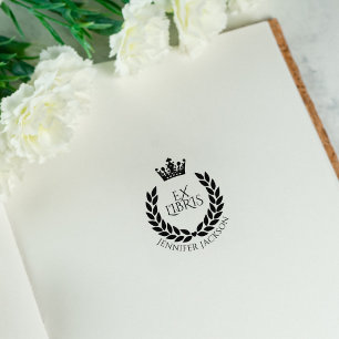 Carimbo De Borracha Wreath e Crown Ex Libris Biblioteca Book