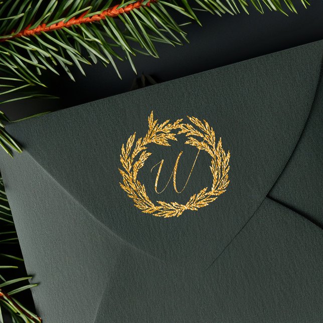 Carimbo De Borracha Wreath Wreath Wreath Calliografia Monogramas Crest (Winter Garland Wreath Calligraphy Monogram Crest Rubber Stamp with (Golden Glitz Ink))