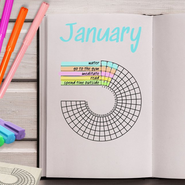 Carimbo de Diário do Controlador de Habitação Mens (Monthly radial habit tracker journal stamp to record daily goals. )
