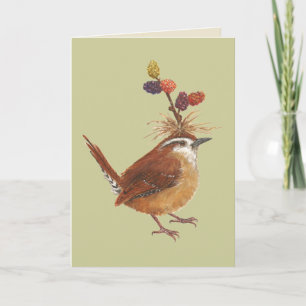 Carolina wren com cartão de amora