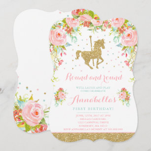 Carousel Birthday Convite Floral Rosa Mint Dourado
