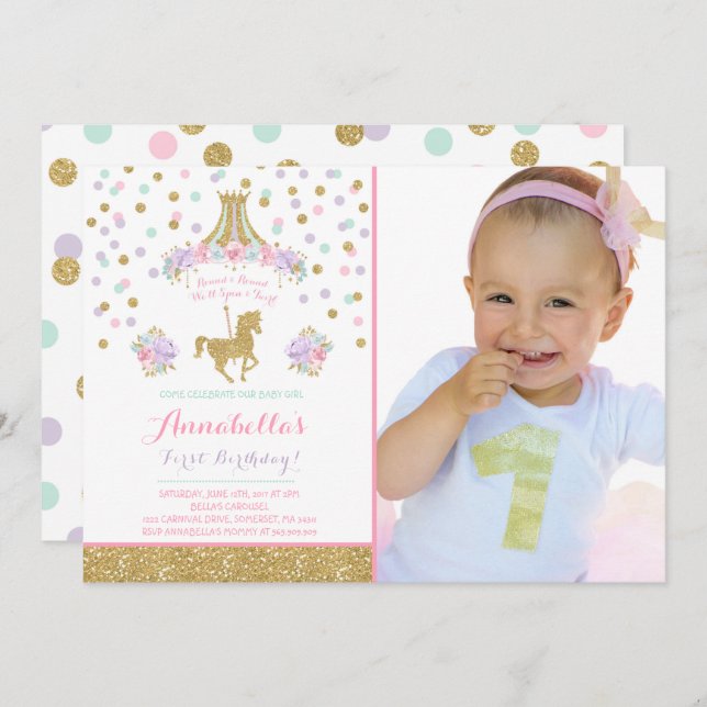 Carousel Birthday Convite Floral Rosa Mint Dourado (Frente/Verso)