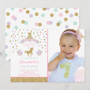 Carousel Birthday Convite Floral Rosa Mint Dourado
