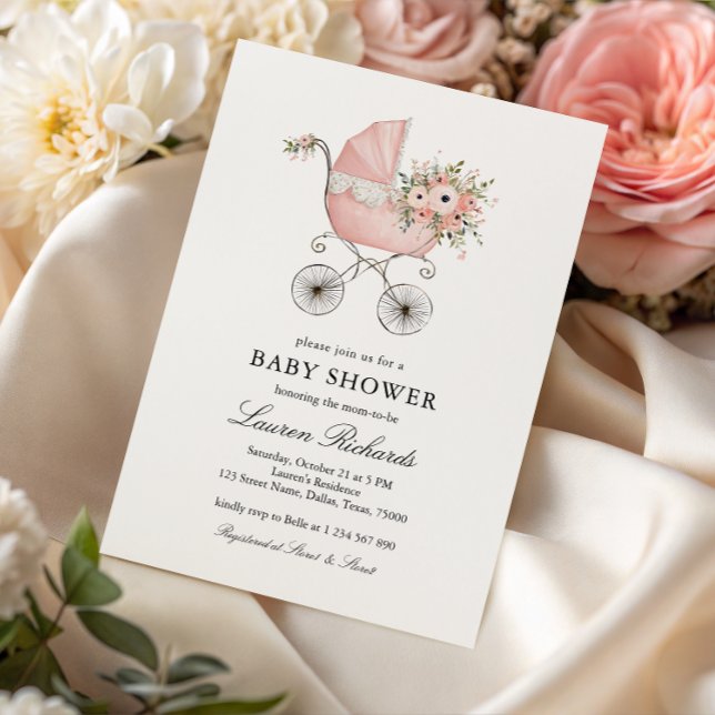 Carrinho de Bebê Antigo Rosa Convite de Chá de Beb (Criador carregado)