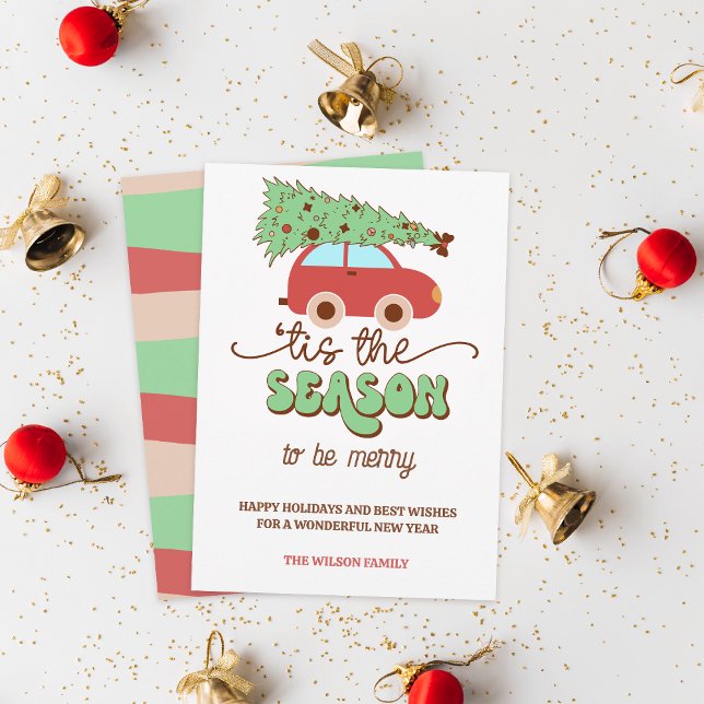 Carro de Árvore de Natal Retro Groovy Esta é a est (Retro Groovy Christmas Tree Car Tis the Season Holiday Card)