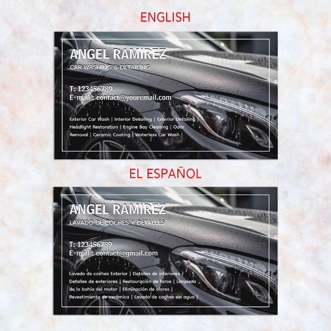 Carro que detalha o Cartão de visita bilíngue espa (Car Detailing Bilingual Spanish Business Cards)