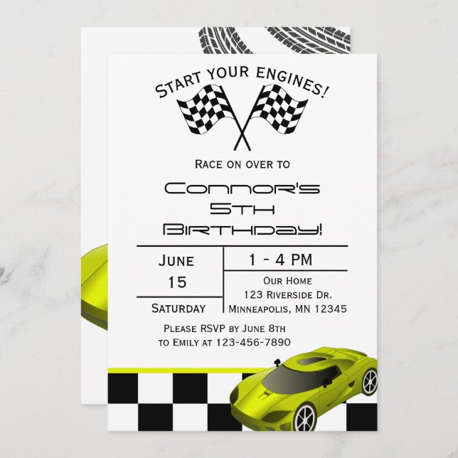 Carro Race Amarelo | Convite personalizado para An (Frente/Verso)