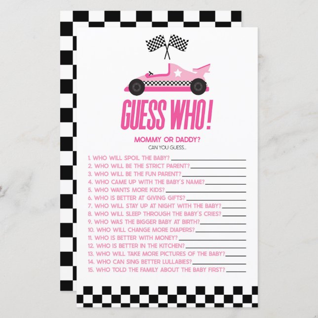 Carro Race Rosa Adivinha Quem Chá de fraldas Jogo (Frente/Verso)